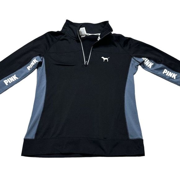 PINK Victoria's Secret Tops - VICTORIA’S SECRET PINK black logo pullover thumb holes back pocket SIZE MEDIUM